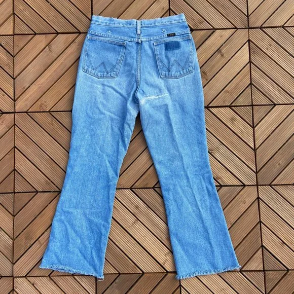 Vintage 70's Wrangler No Fault Repaired Cutoff Flare Denim 30x28